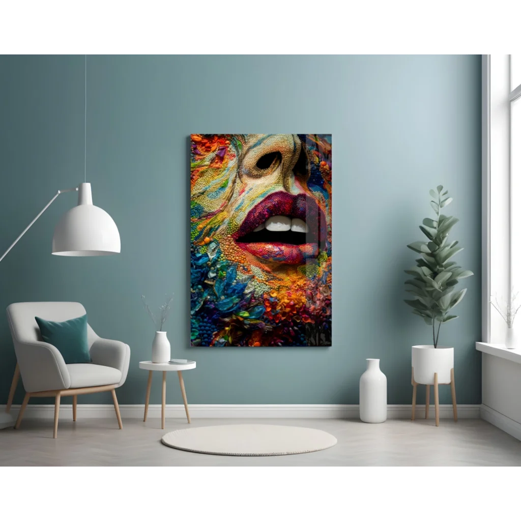 Colorful Glass Wall Art Portrait With Bold Red Lips | Contemporary Home Wall Art | vintageantiquesgifts.com