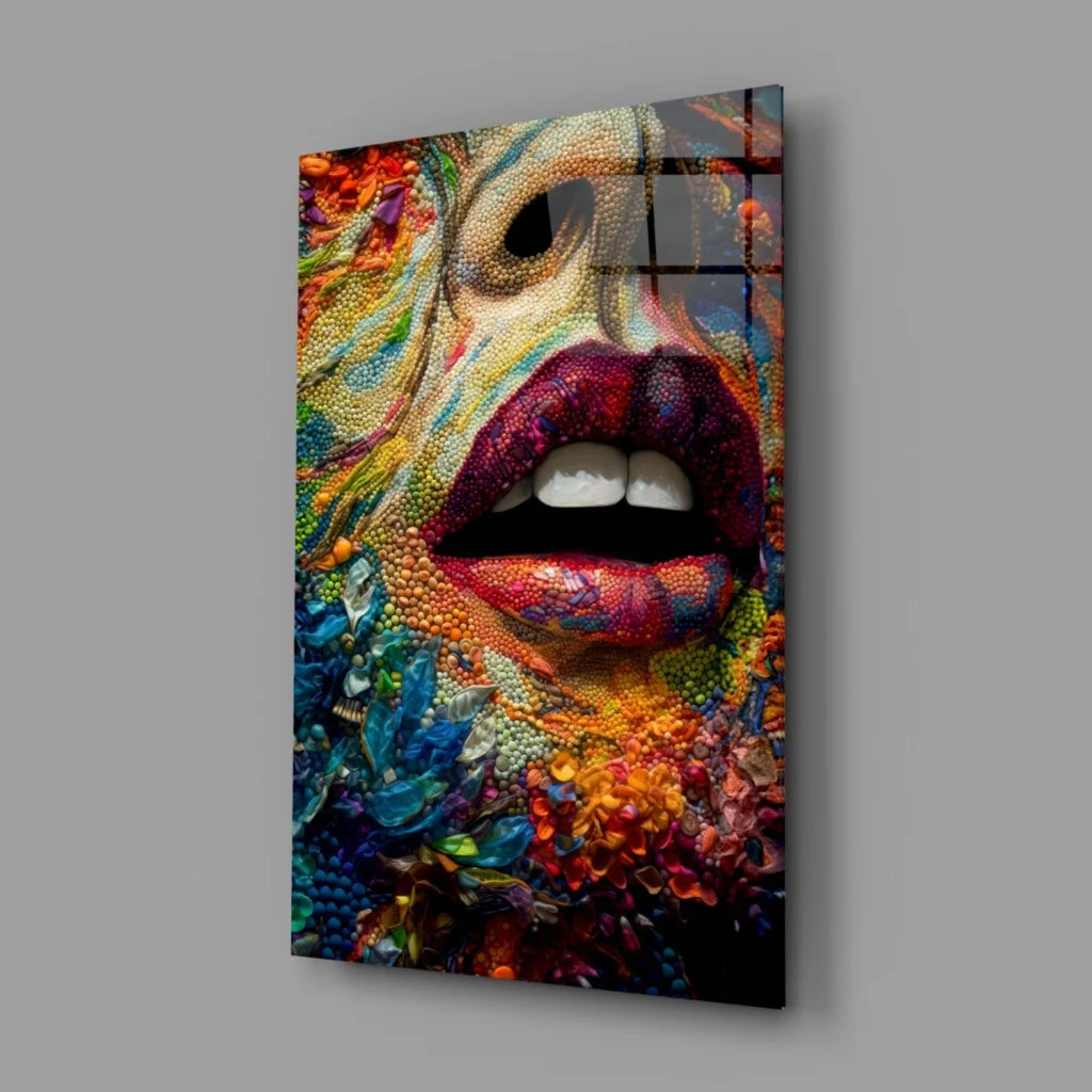 Colorful Glass Wall Art Portrait With Bold Red Lips | Glass Wall Art Print | vintageantiquesgifts.com