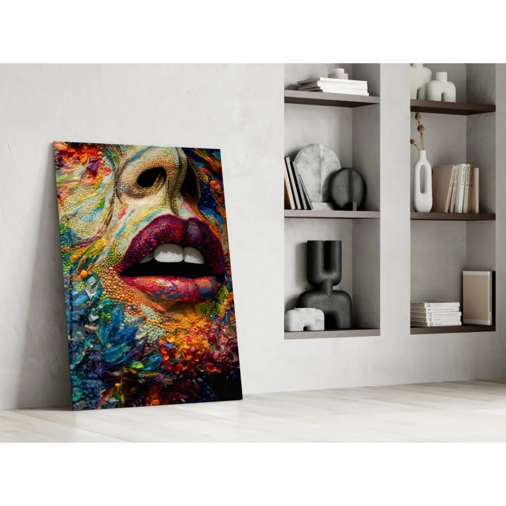 Vibrant glass wall art portrait with bold red lips in multicolored abstract patterns