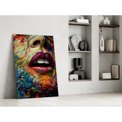 Vibrant glass wall art portrait with bold red lips in multicolored abstract patterns