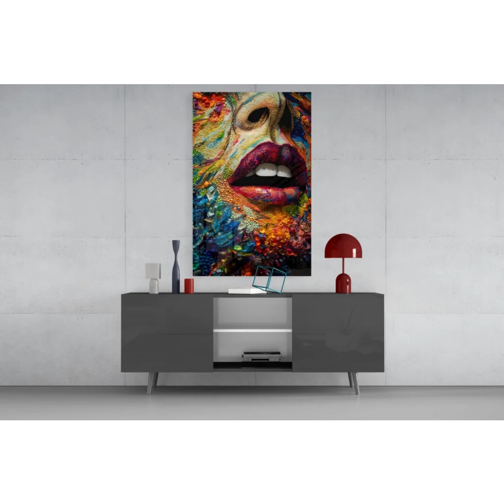 Vibrant glass wall art portrait with bold red lips in swirling colors