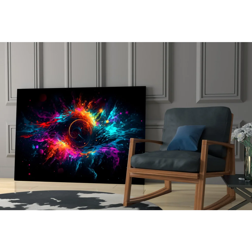 Vibrant cosmic explosion canvas wall art in neon red, orange, blue, purple hues