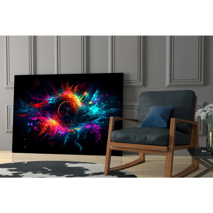 Vibrant cosmic explosion canvas wall art in neon red, orange, blue, purple hues
