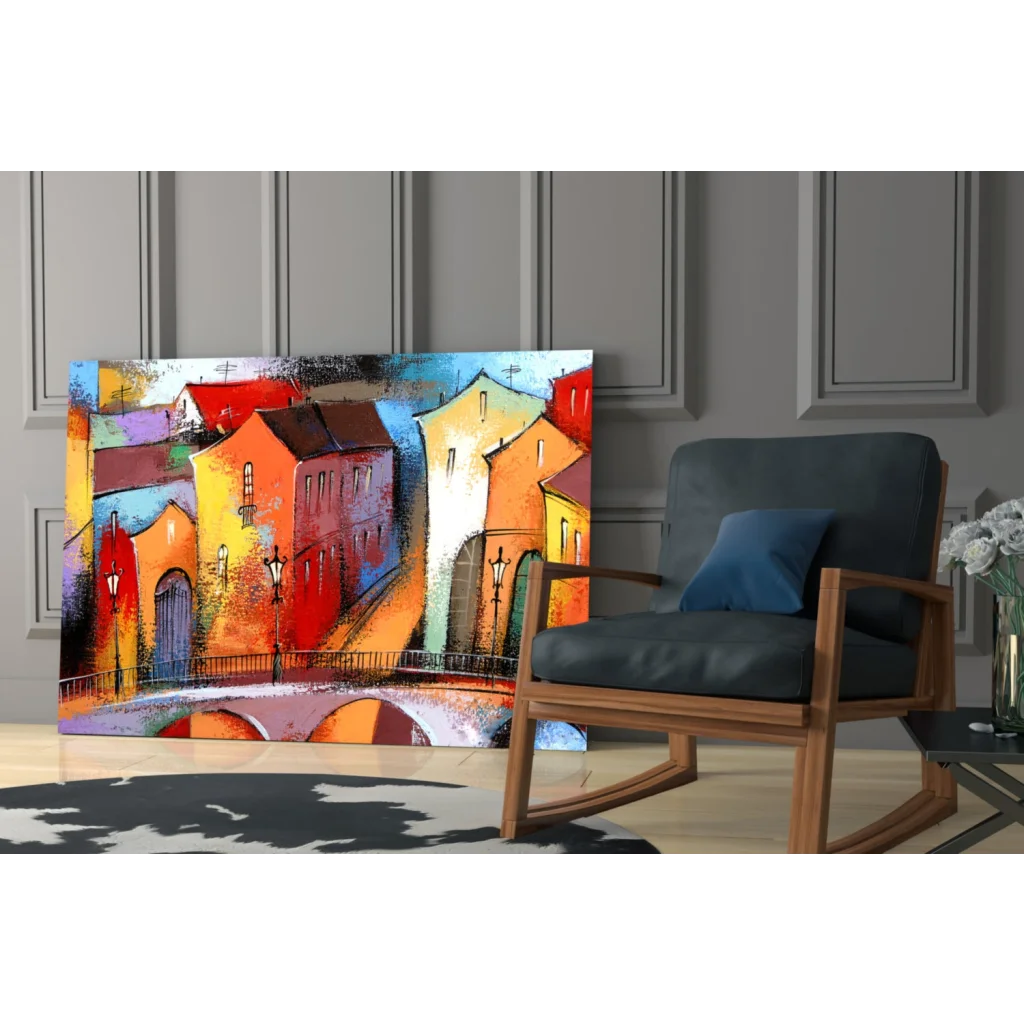 Vibrant European cityscape glass wall art in bold red, orange, blue hues
