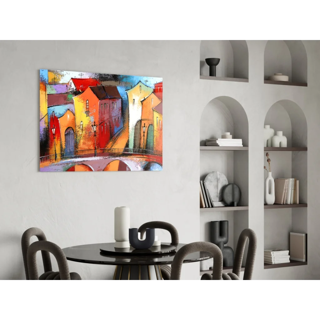 Vibrant European cityscape glass wall art in bold colors