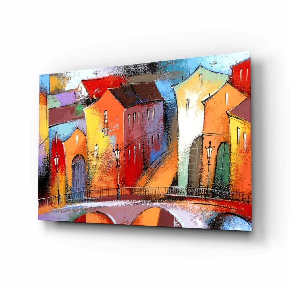 Vibrant European Cityscape Glass Wall Art in Bold Colors | Insigneart USA | vintageantiquesgifts.com