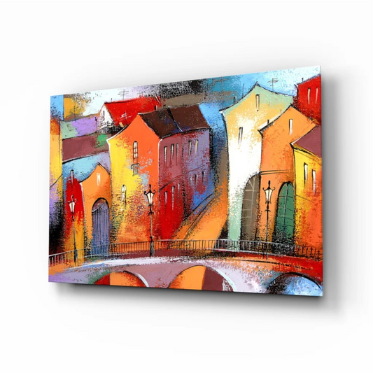 Vibrant European Cityscape Glass Wall Art in Bold Colors | Insigneart USA | vintageantiquesgifts.com