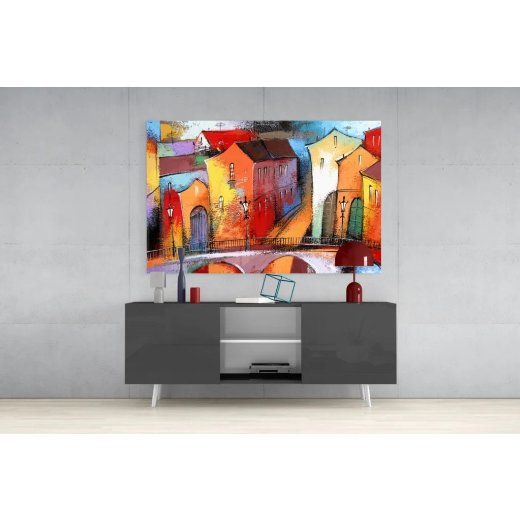 Vibrant European cityscape glass wall art with bold reds and purples