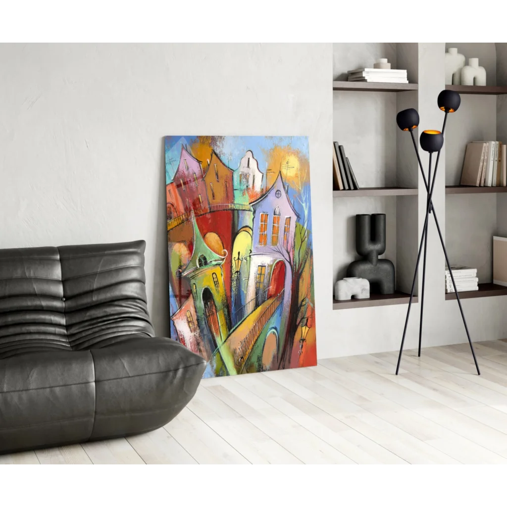 Vibrant glass wall art of colorful European cityscape at sunset