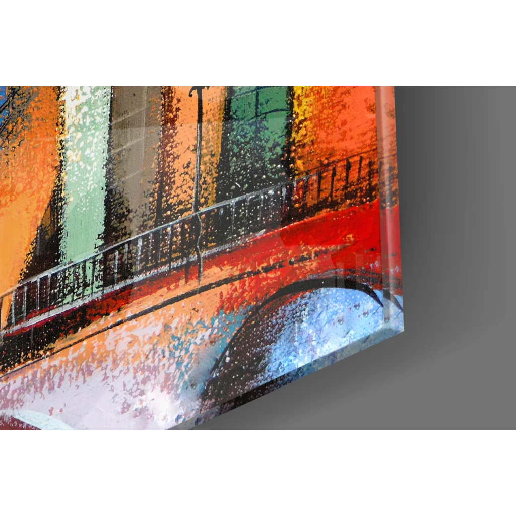 Vibrant stylized bridge glass wall art in bold orange, green, red hues