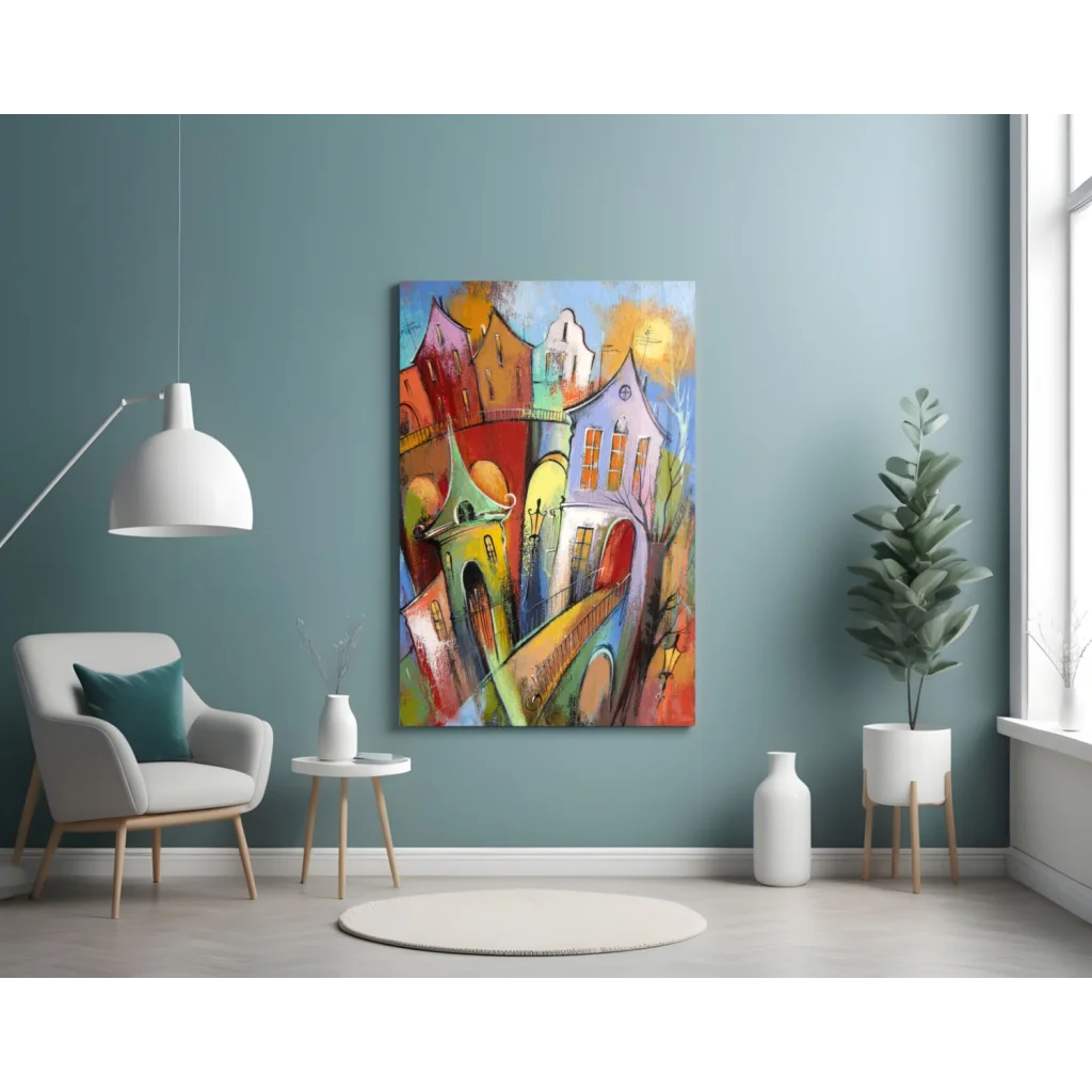 Stunning Glass Wall Art Cityscape with Colorful European Buildings | Contemporary Home Wall Art | vintageantiquesgifts.com