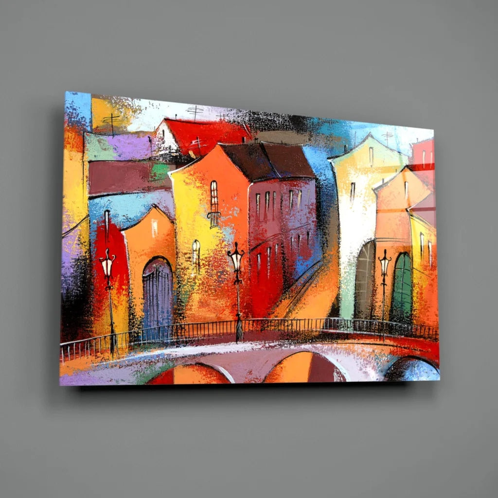 Vibrant European Cityscape Glass Wall Art in Bold Colors | Glass Wall Art Print | vintageantiquesgifts.com