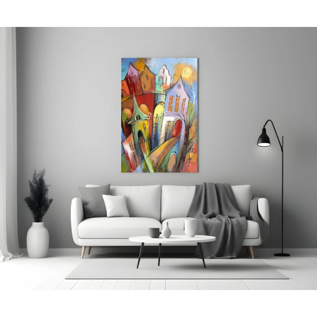 Stunning Glass Wall Art Cityscape with Colorful European Buildings | Modern Wall Art Decor | vintageantiquesgifts.com