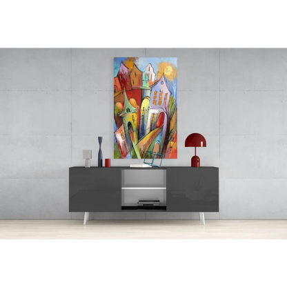 Vibrant glass wall art of colorful European cityscape with stylized buildings and warm sun