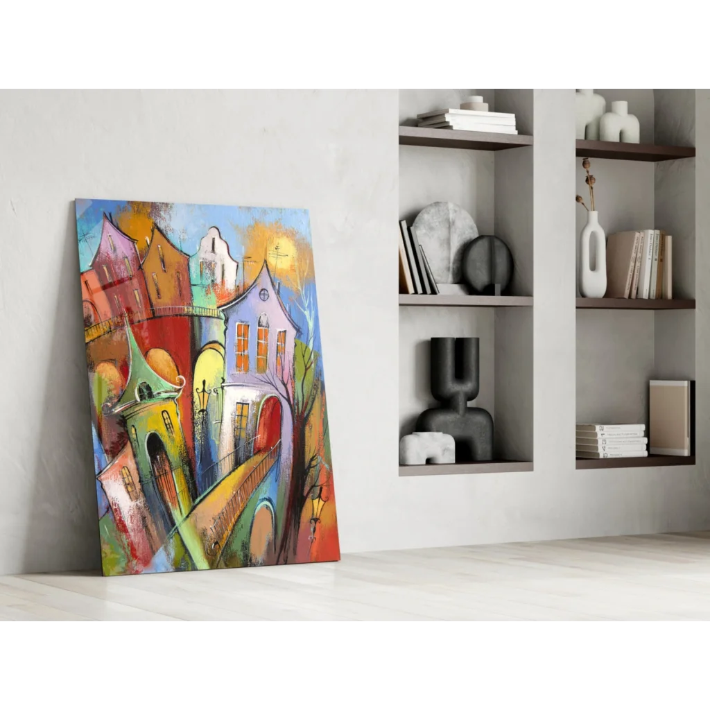 Vibrant glass wall art of colorful European cityscape buildings