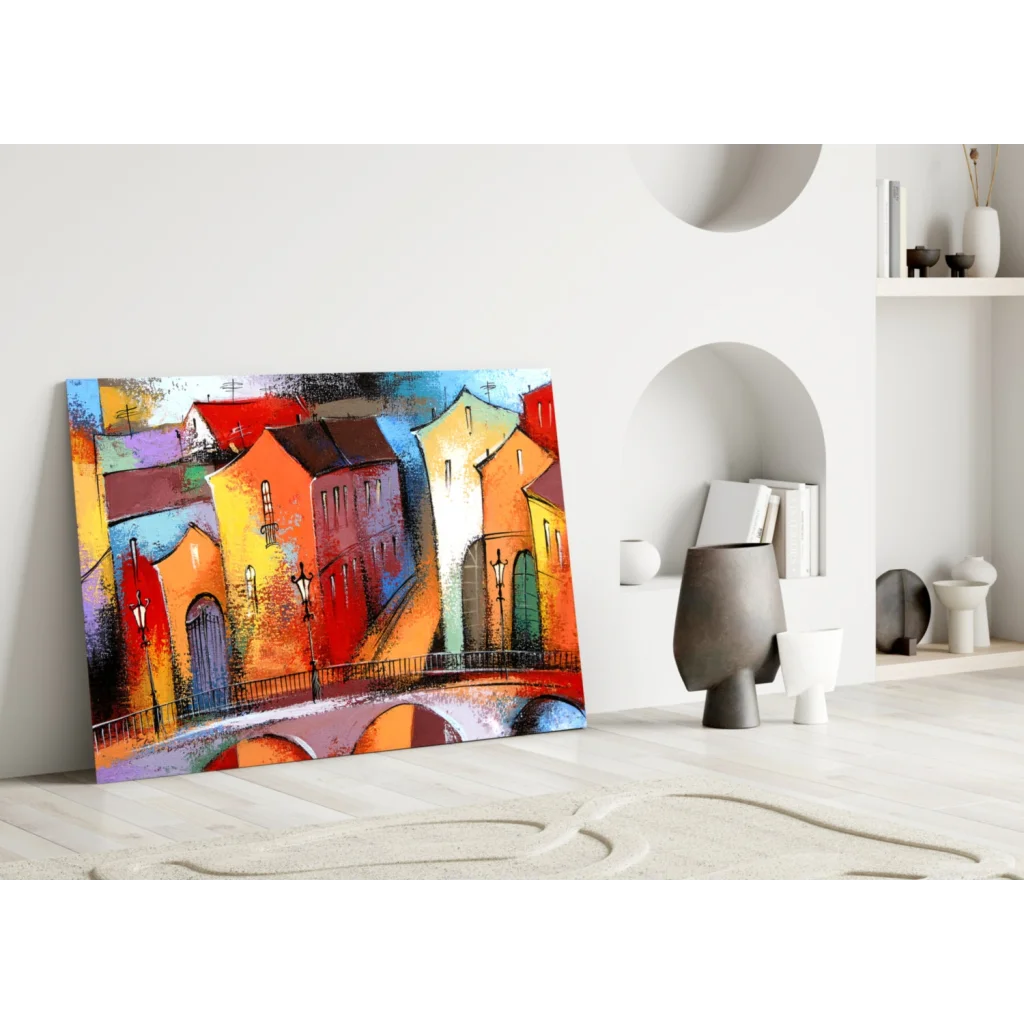 Vibrant European Cityscape Glass Wall Art in Bold Colors | Modern Wall Art Decor | vintageantiquesgifts.com