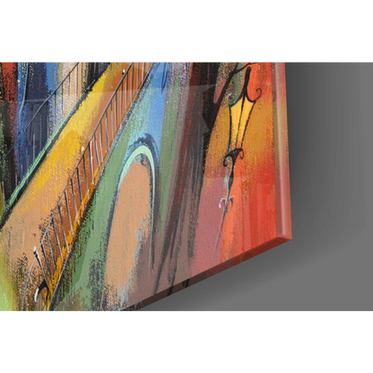 Vibrant glass wall art of colorful European cityscape bridge