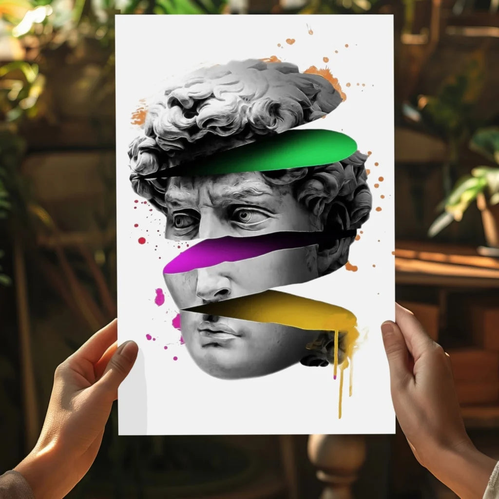 Vibrant 3D David statue with colorful paint splashes on aluminum art print