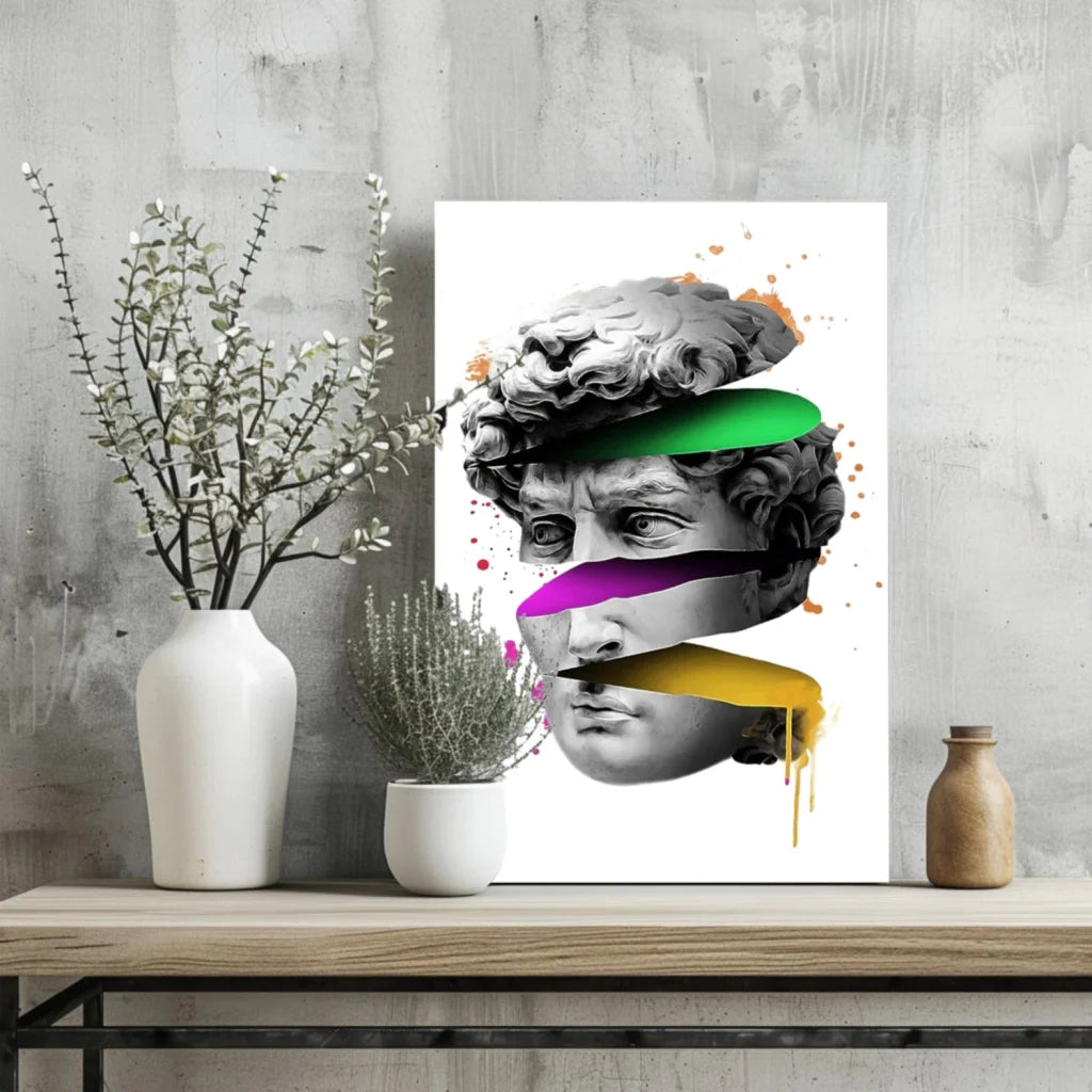 Vibrant layered David statue on aluminum art print