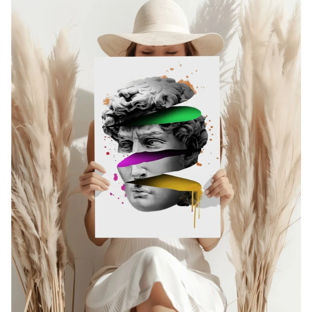 Colorful layered David head poster with drips on aluminum art print