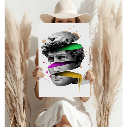 Colorful layered David head poster with drips on aluminum art print