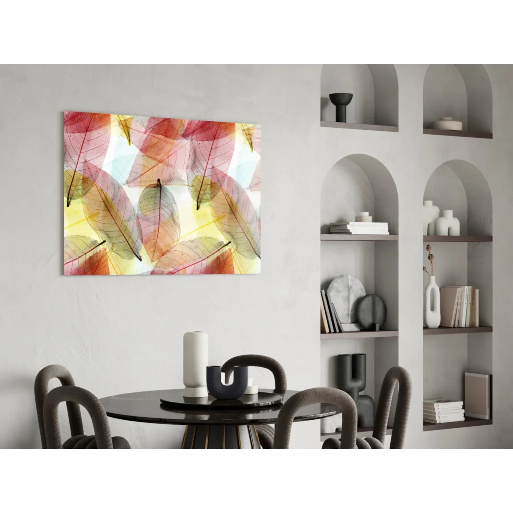 Translucent leaf glass wall art in pink orange yellow tones on canvas