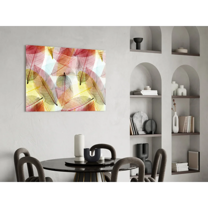 Translucent leaf glass wall art in pink orange yellow tones on canvas