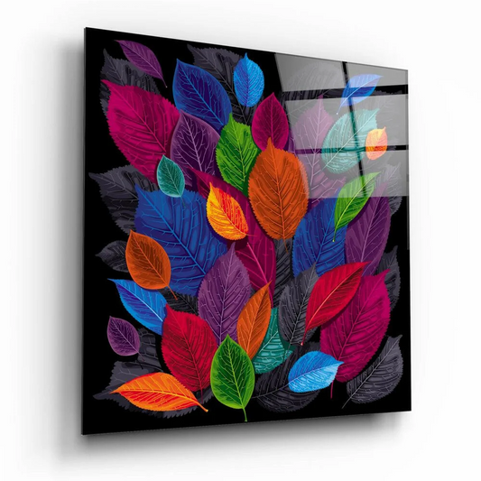 Stunning Multicolor Leaf Glass Wall Art on Black Panel | Insigneart USA | vintageantiquesgifts.com