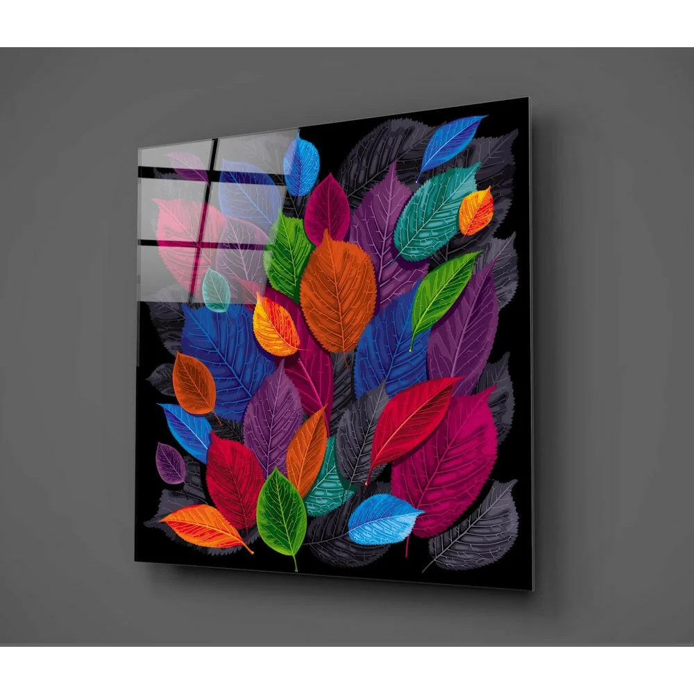Stunning Multicolor Leaf Glass Wall Art on Black Panel | Glass Wall Art Print | vintageantiquesgifts.com