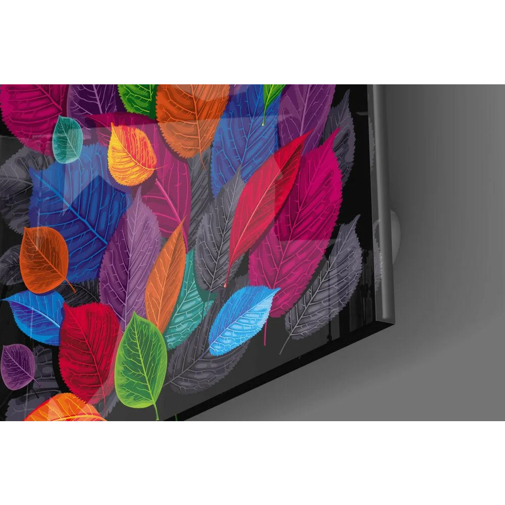 Stunning Multicolor Leaf Glass Wall Art on Black Panel | Modern Wall Art Decor | vintageantiquesgifts.com