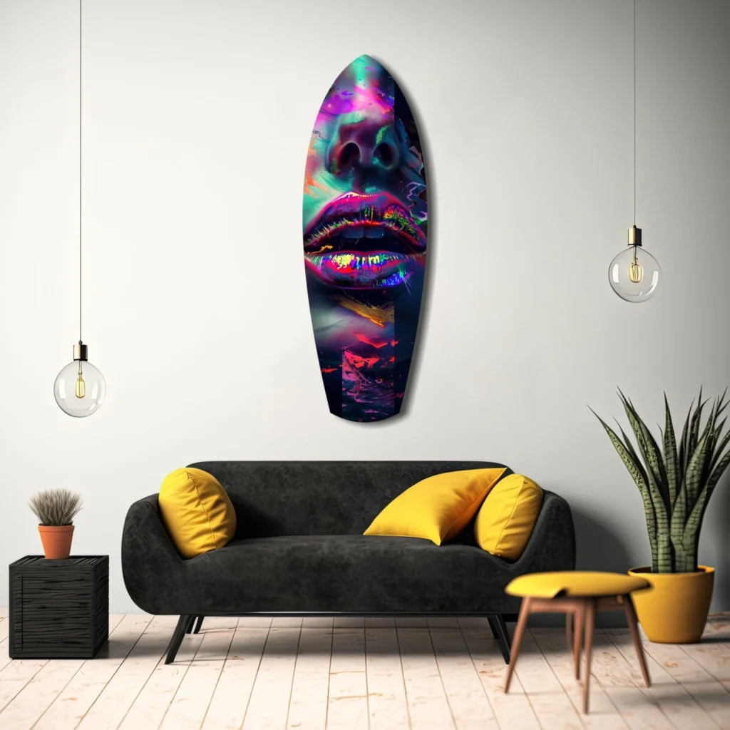 Vibrant neon lips tempered glass art in surfboard shape with cosmic glow
