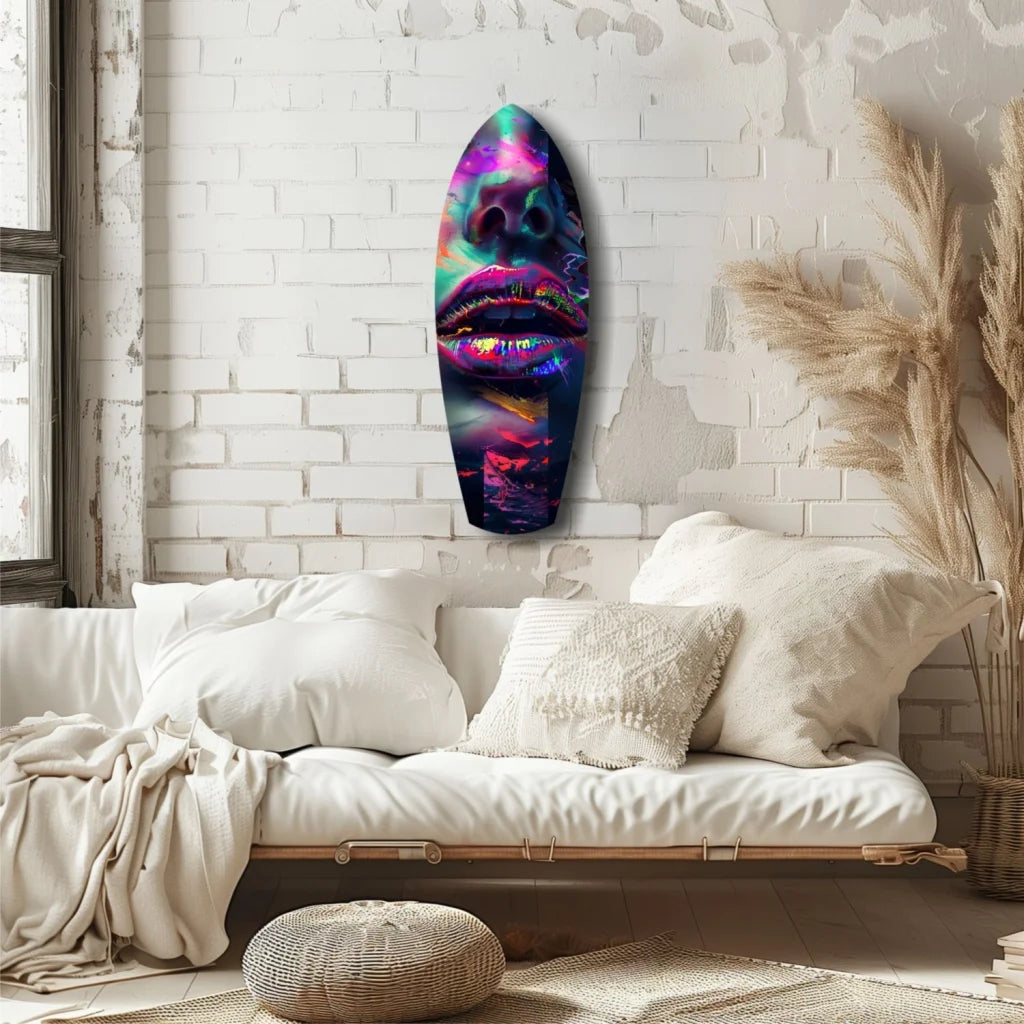Vibrant neon surfboard tempered glass art with cosmic lips glow