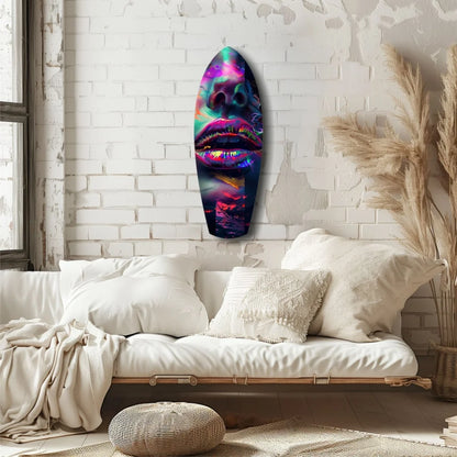 Vibrant neon surfboard tempered glass art with cosmic lips glow