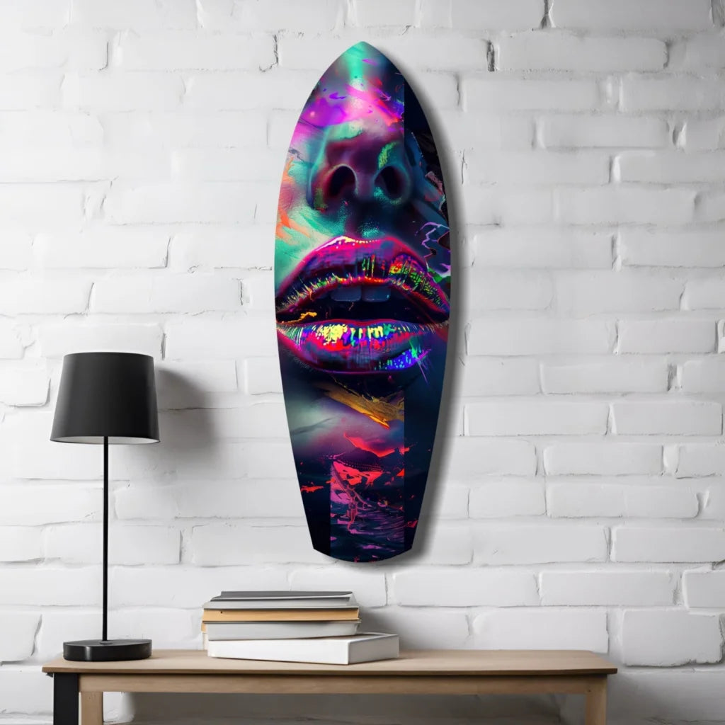 Vibrant neon surfboard tempered glass art with cosmic glowing lips and nose