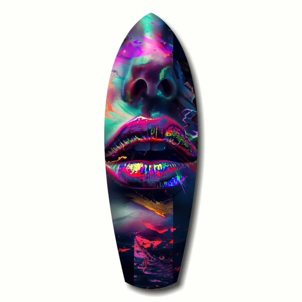 Vibrant neon surfboard lips tempered glass art with cosmic glow