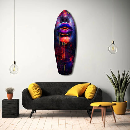 Vibrant cosmic face on surfboard tempered glass art with neon glow