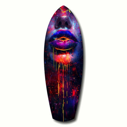 Cosmic Lips Surfboard Tempered Glass Art with Neon Galaxy Glow | Insigneart USA | vintageantiquesgifts.com
