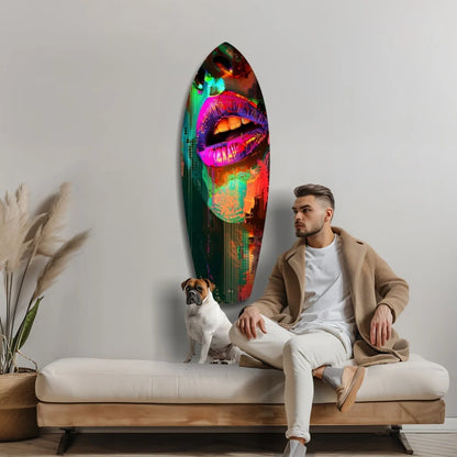 Psychedelic Lips Surfboard Tempered Glass Art with vibrant pink purple lips