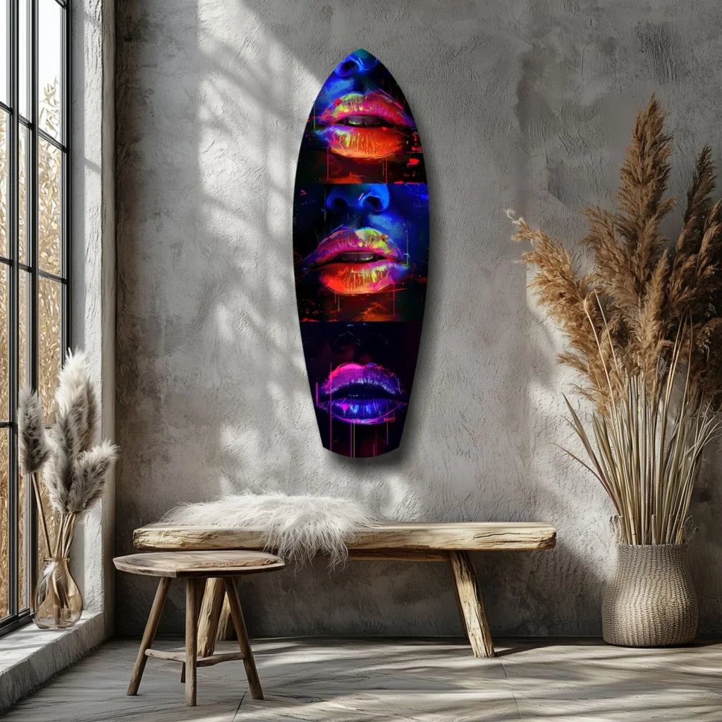 Vibrant neon-lit lips tempered glass art on surfboard canvas
