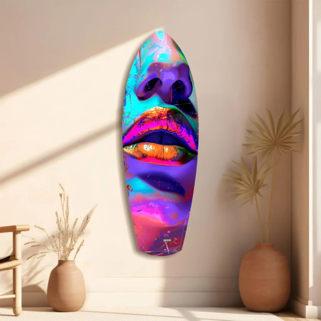 Vibrant tempered glass art surfboard with bold abstract face and colorful lips