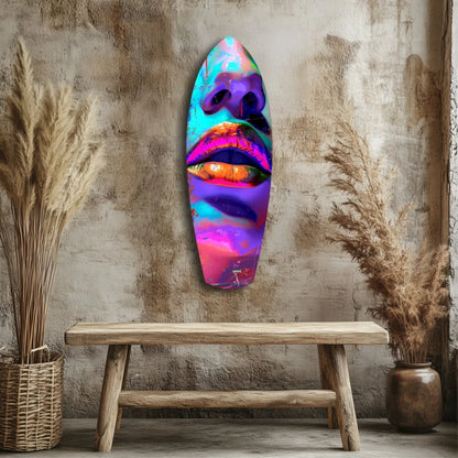 Surfboard Tempered Glass Art with Bold Abstract Face Design | Modern Wall Art Decor | vintageantiquesgifts.com