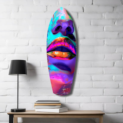 Surfboard Tempered Glass Art with Bold Abstract Face Design | Contemporary Home Wall Art | vintageantiquesgifts.com