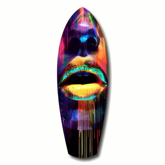 Vibrant neon surfboard face tempered glass art with dripping rainbow colors