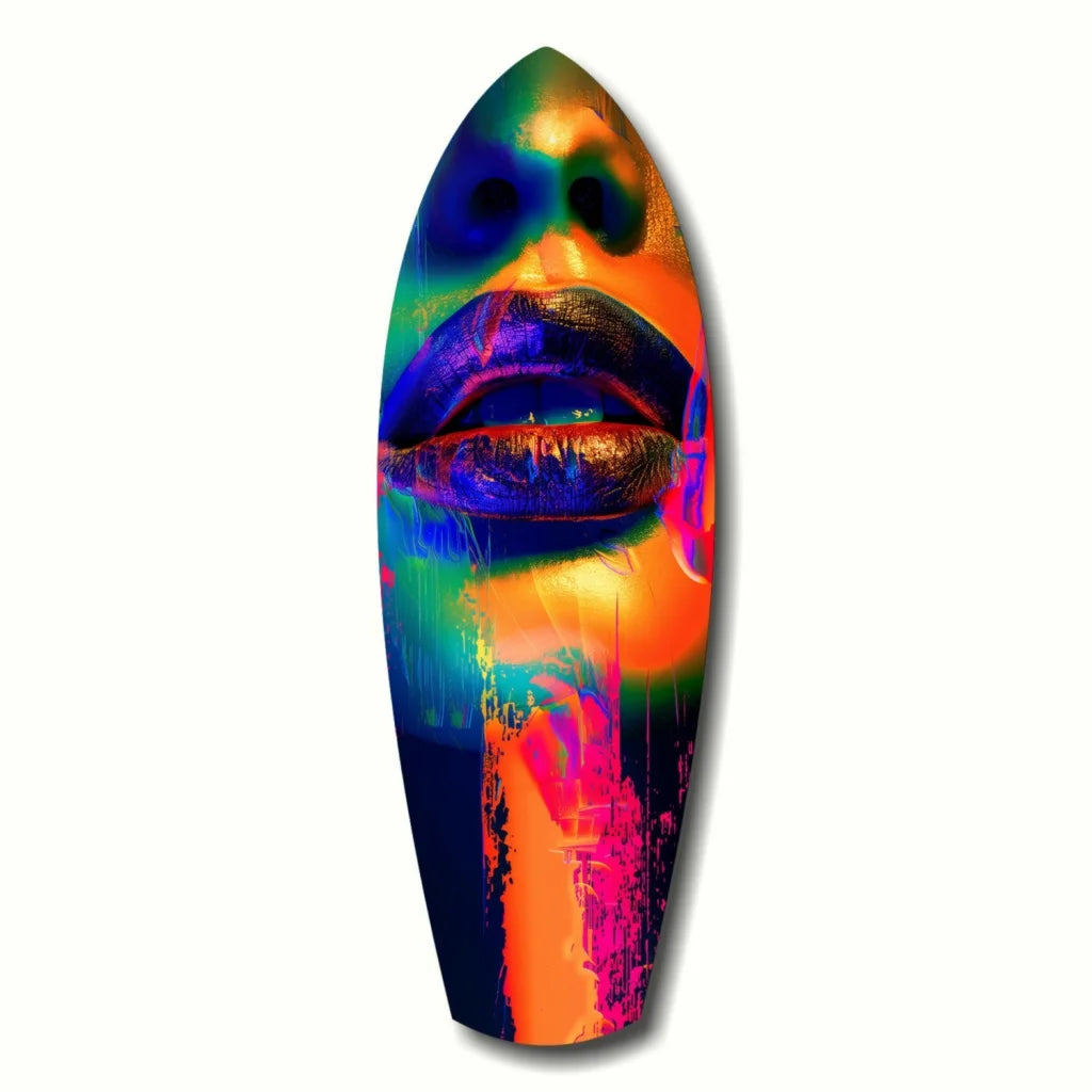Vibrant tempered glass art surfboard with rainbow face portrait
