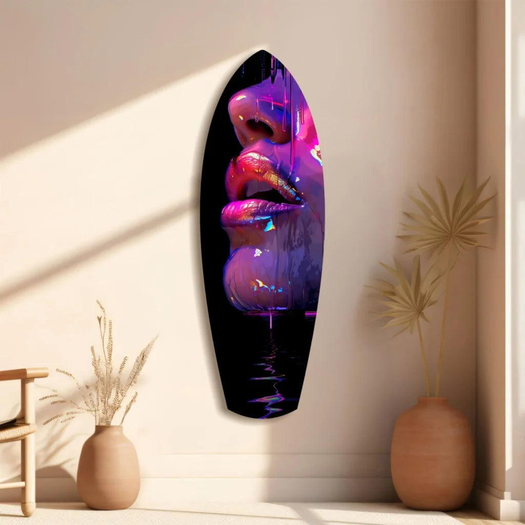Vibrant neon-pink and purple lips on tempered glass art surfboard wall piece