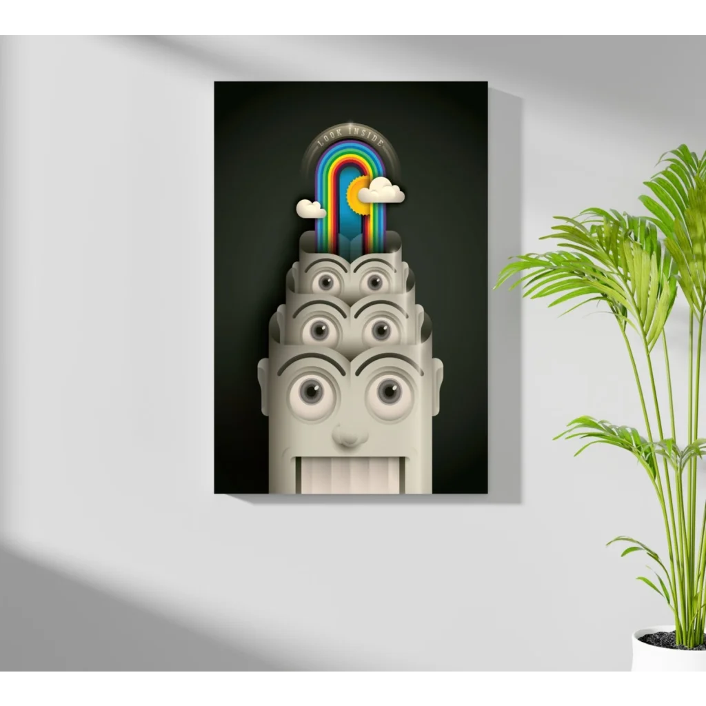 Surreal rainbow face on insigne aluminum prints, gray-toned stylized eyes and mouth