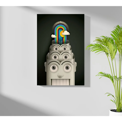 Surreal rainbow face on insigne aluminum prints, gray-toned stylized eyes and mouth