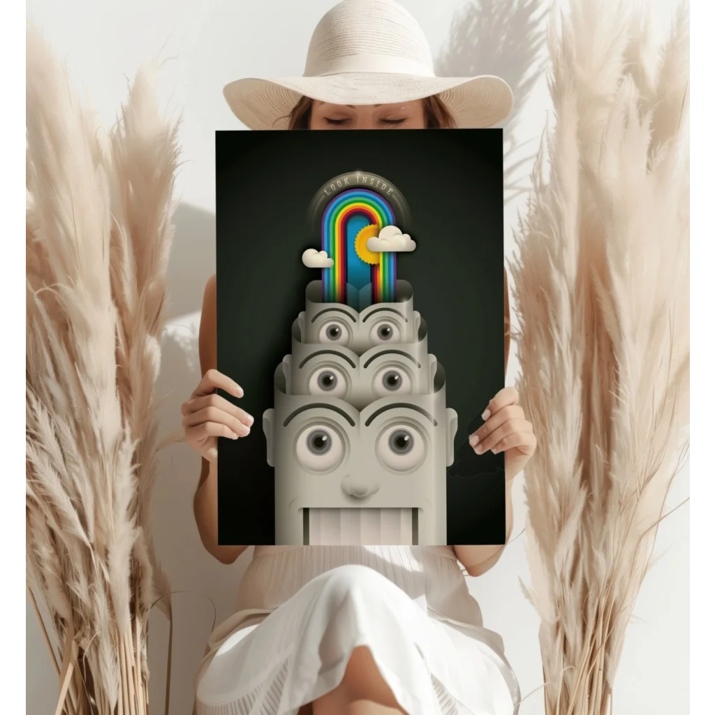 Stylized gray metallic surreal rainbow face on insigne aluminum prints