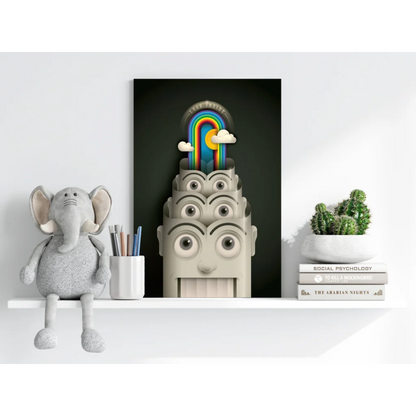 Gray multi-eyed surreal face on insigne aluminum print with rainbow arch