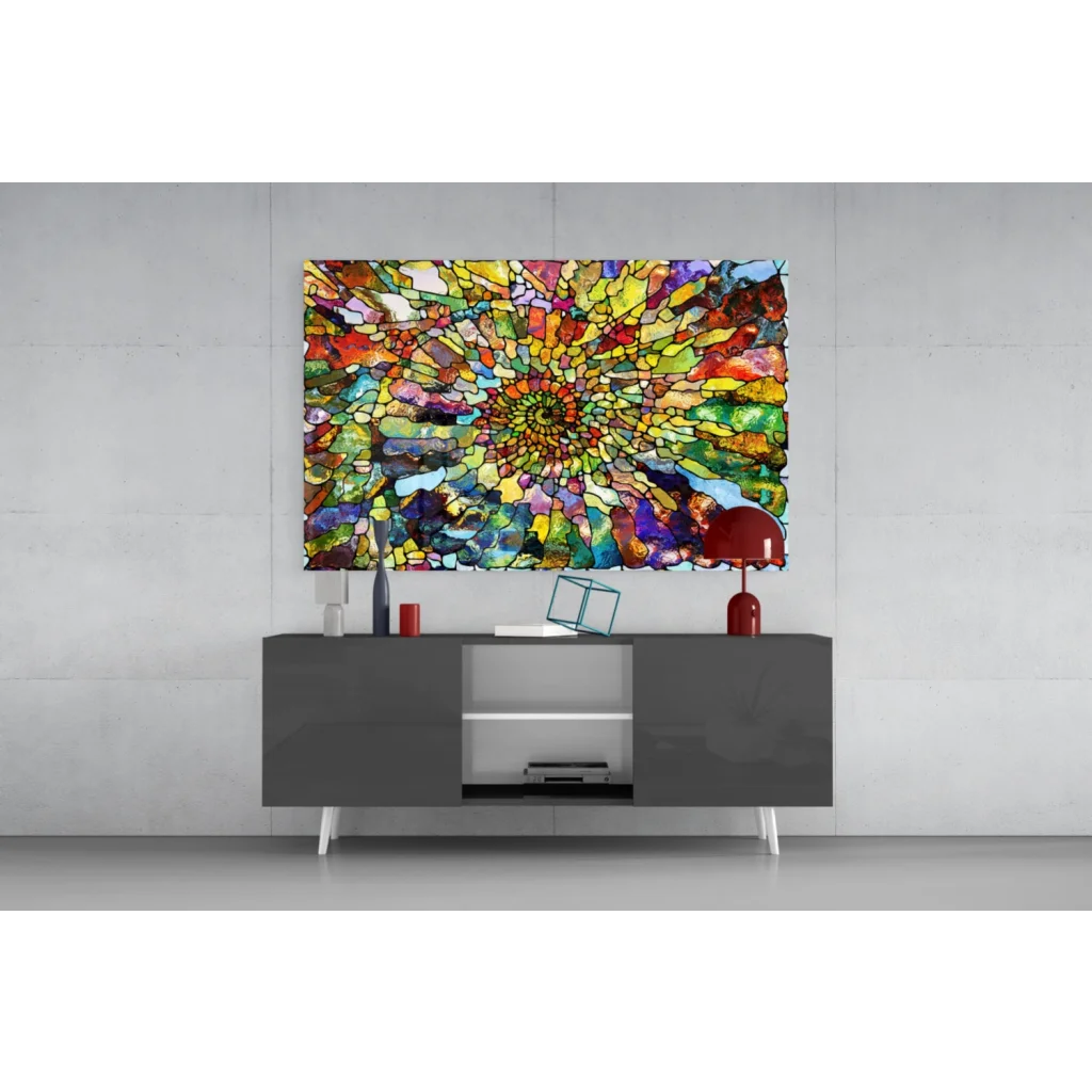 Vibrant stained-glass style glass wall art with radial multicolored geometric burst